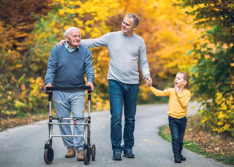 Älterer Mann mit Rollator geht mit Sohn und Enkel spazieren © Mediteraneo - stock.adobe.com Älterer Mann mit Rollator geht mit Sohn und Enkel spazieren